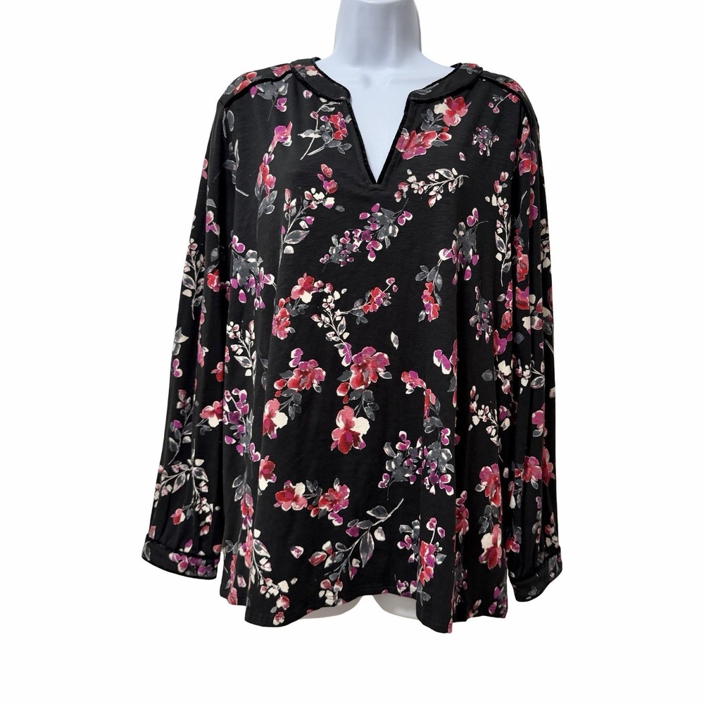J Jill Womens Velvet Trim‎ Dark Floral Jersey Top Size XL Black Casual Everyday